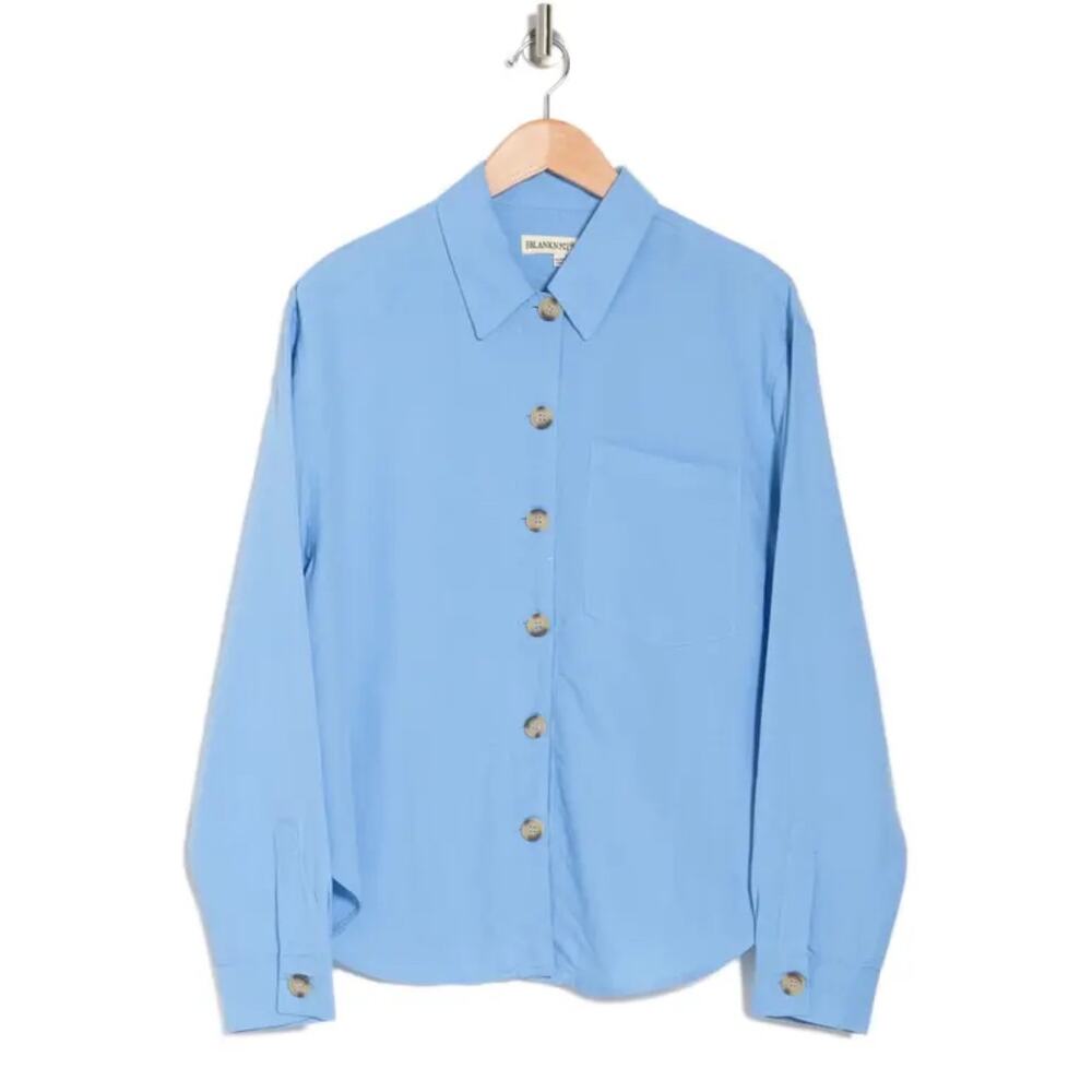Blank NYC Solid Linen Blend Button Down Shirt in‎ Bright Blue XS